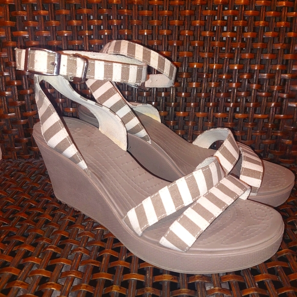 CROCS Shoes - Crocs 'Leigh II' Ankle Striped Strap Wedges Size 9